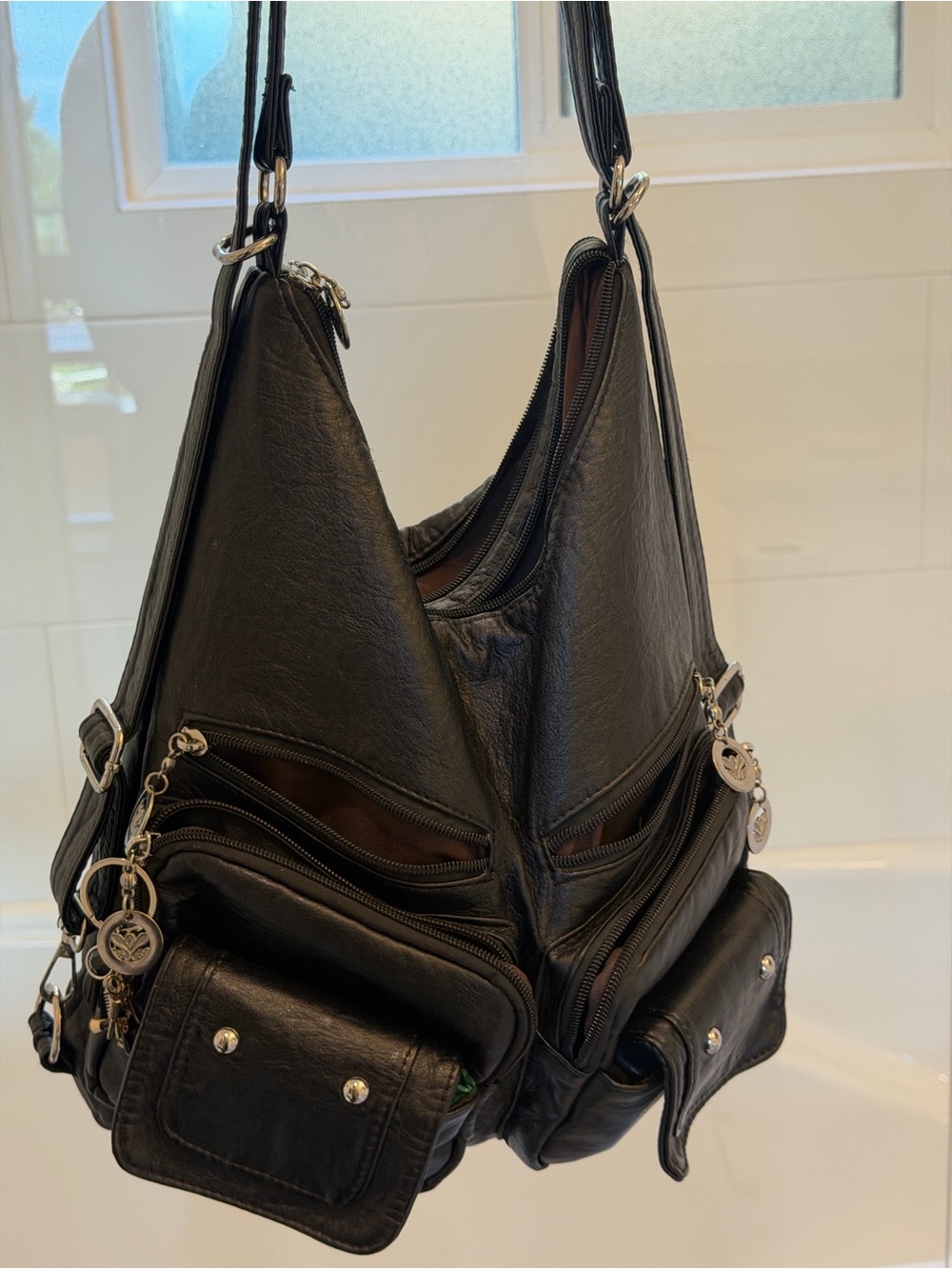 Black Leather Multi-Pocket Shoulder, backpack Bag - Unbranded
